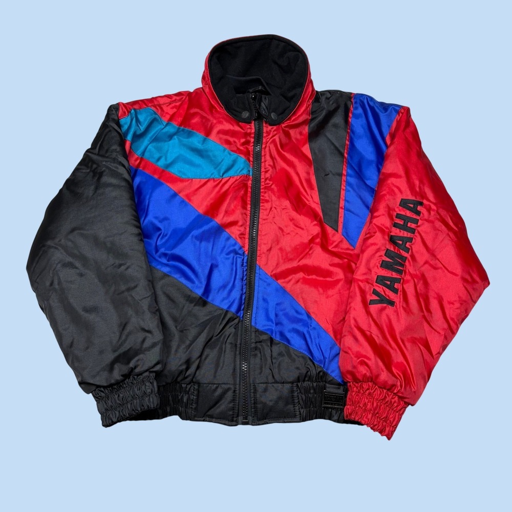 Vintage Yamaha Sportswear Red Blue Black Colorblock Bomber Jacket Womens Medium